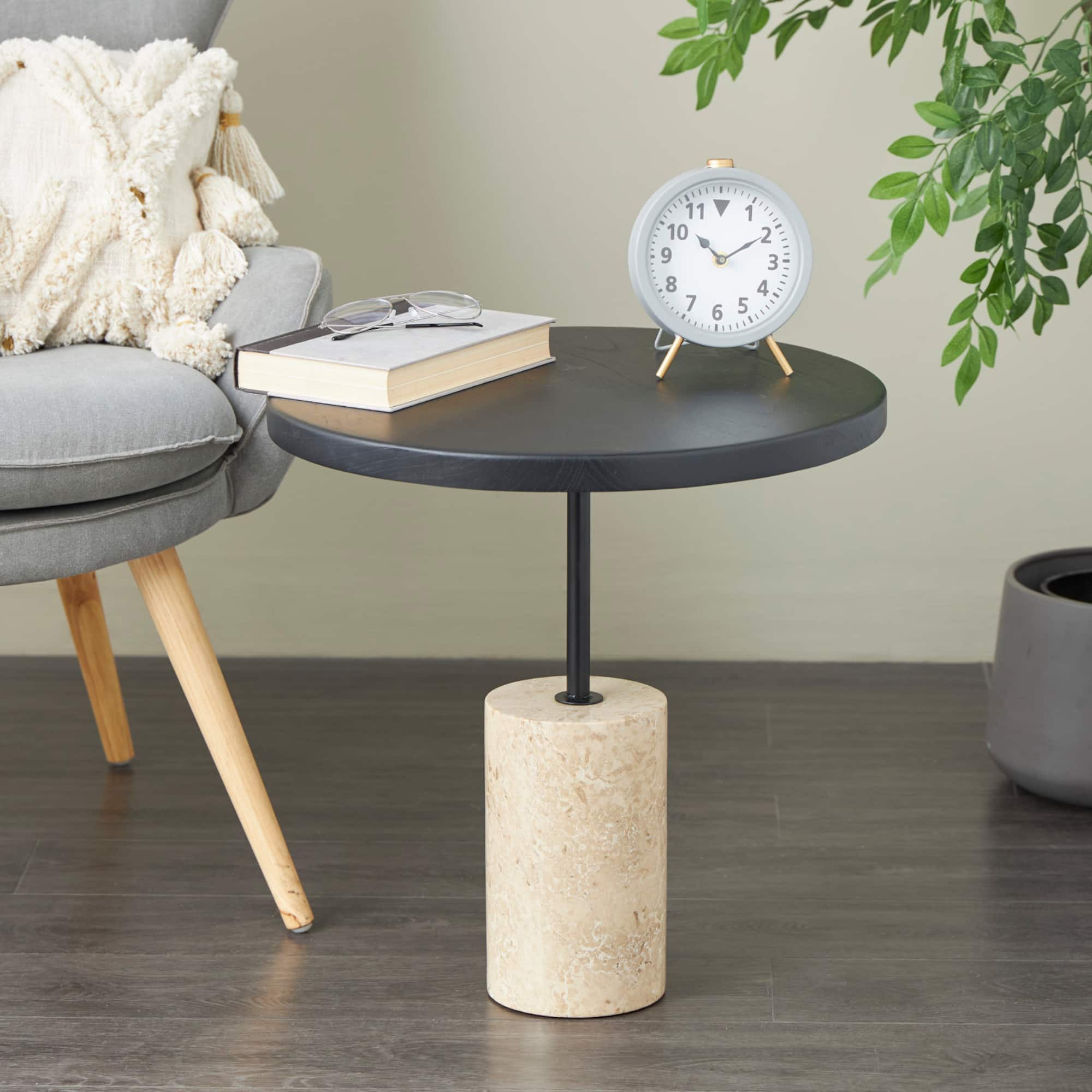 20.5" Black Wood Accent Table with Ivory Marble Base